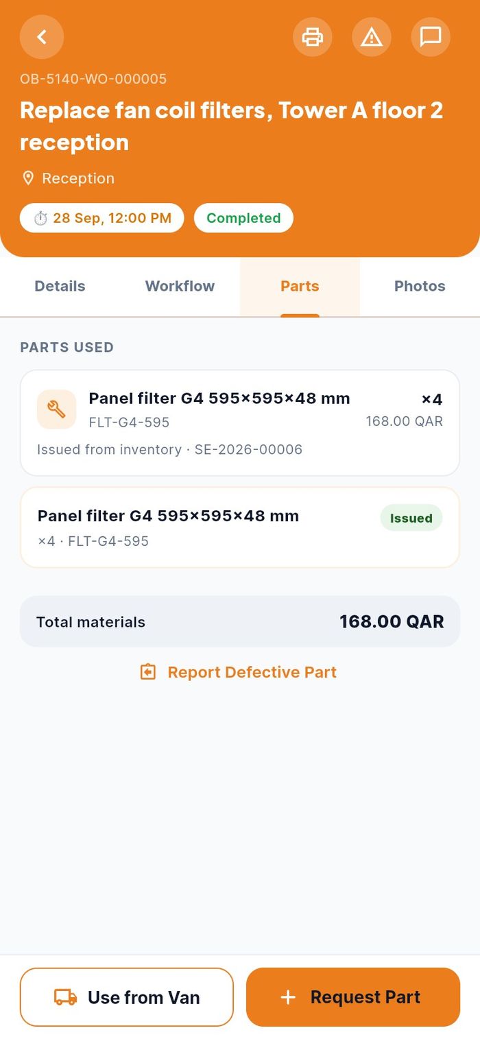 Filters issued by the store listed under Parts used, with the total