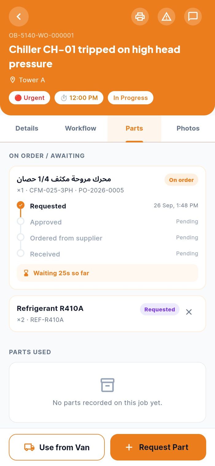 Two requests on order: the fan motor on a purchase order and the refrigerant from stock