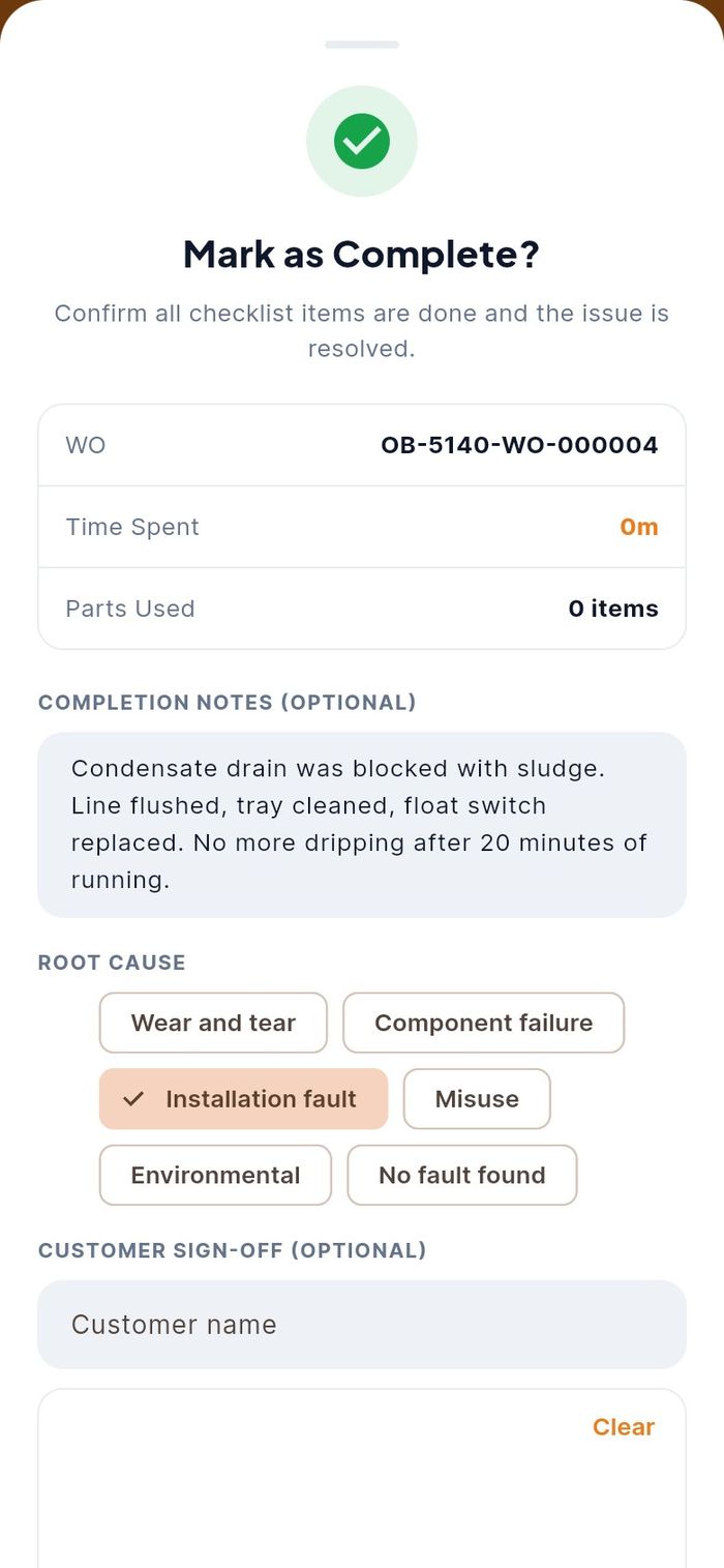 The completion sheet with notes and a root cause