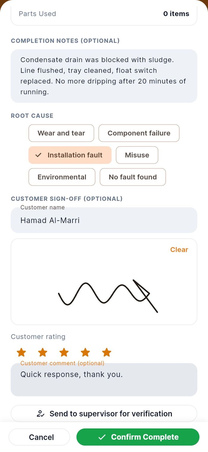 The customer's name, signature, rating and comment