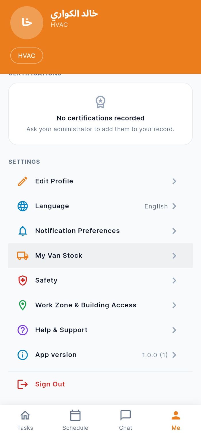 The settings list