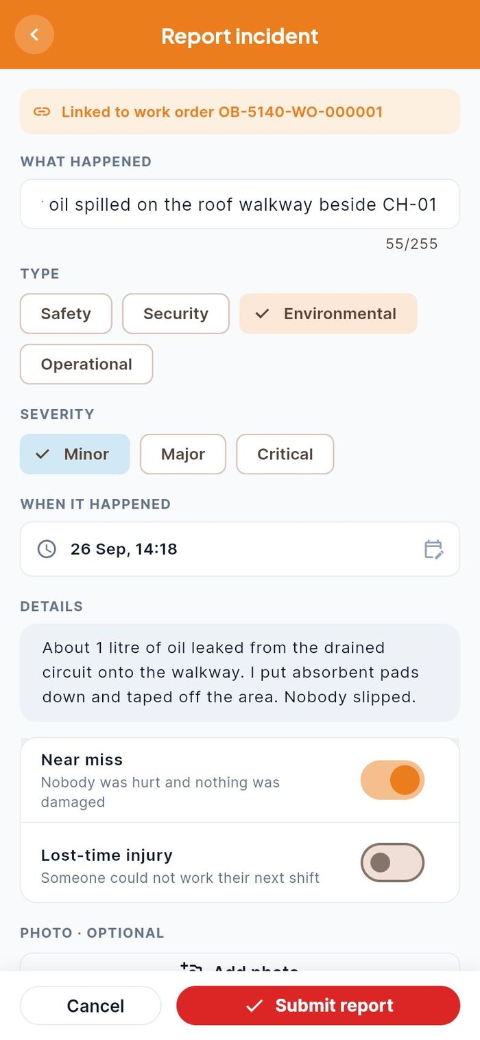 An environmental incident linked to the chiller job
