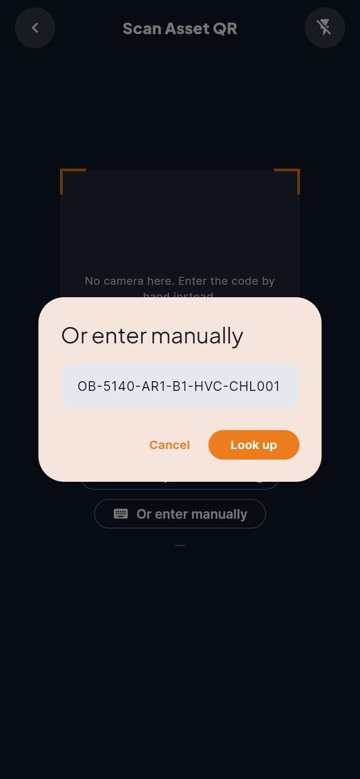 Typing the asset code by hand