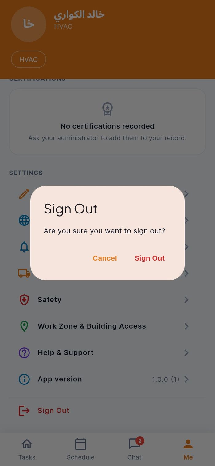 The sign-out confirmation
