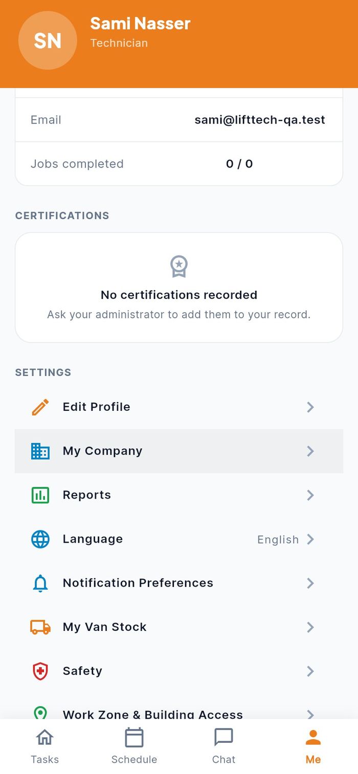 Sami's Me screen with My Company and Reports