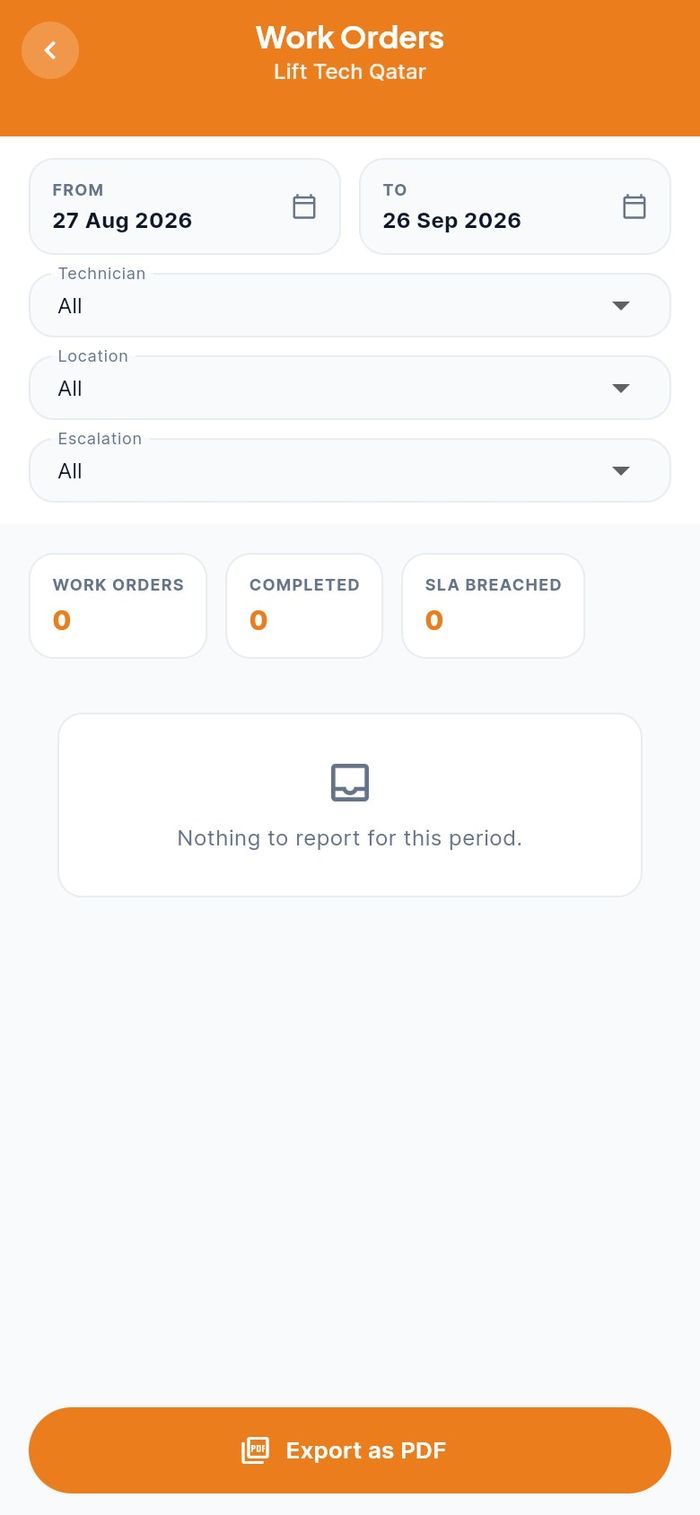 The Work Orders report with its filters